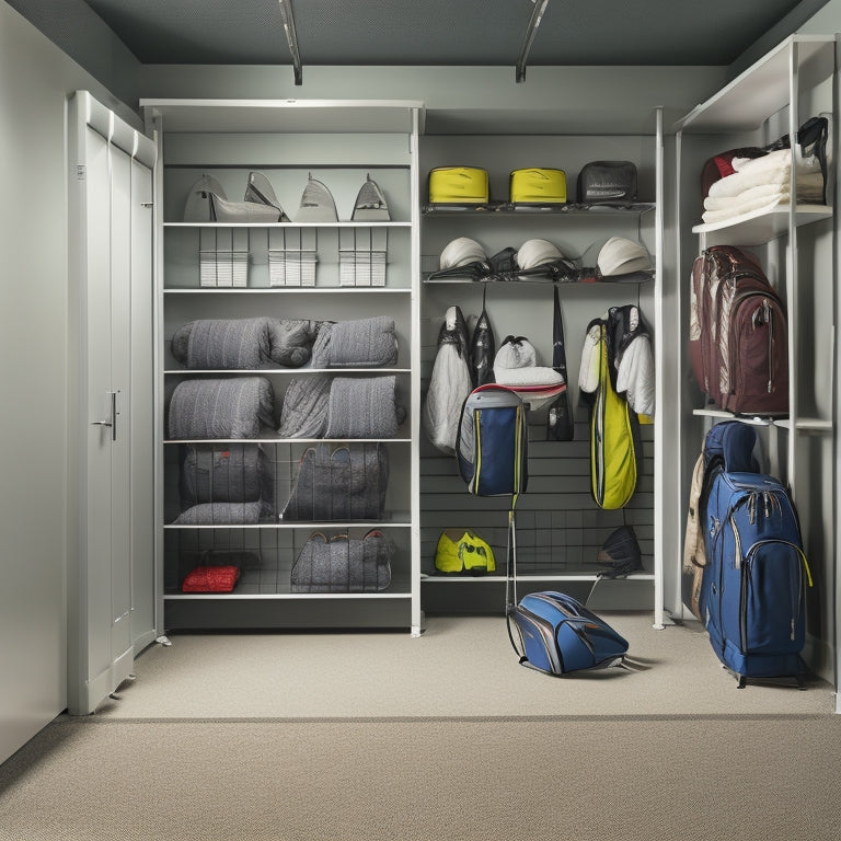 A tidy garage or storage room with a golf bag storage organizer in the center, holding three upright golf bags, with golf clubs and balls neatly arranged around it, on a clean gray floor.