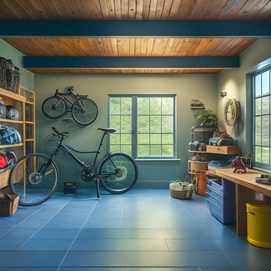 A clutter-free garage with a slatwall adorned with hooks, bins, and baskets, a ceiling-mounted bike rack, and a sleek, epoxy-coated floor, illuminated by natural light pouring in through a large window.
