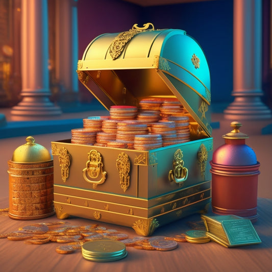 A stylized, 3D illustration of a treasure chest overflowing with gold coins, surrounded by content assets like videos, ebooks, and blog posts, with a factory or production line in the background.