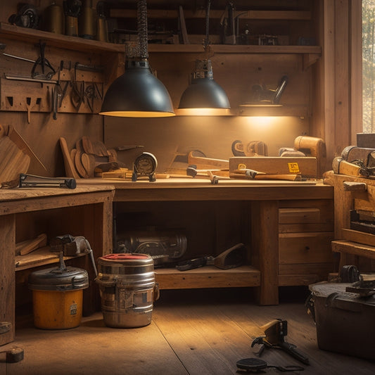 A well-organized woodworking station with a sturdy workbench, surrounded by various tools, wooden planks, and a circular saw in the center, bathed in warm, golden lighting.