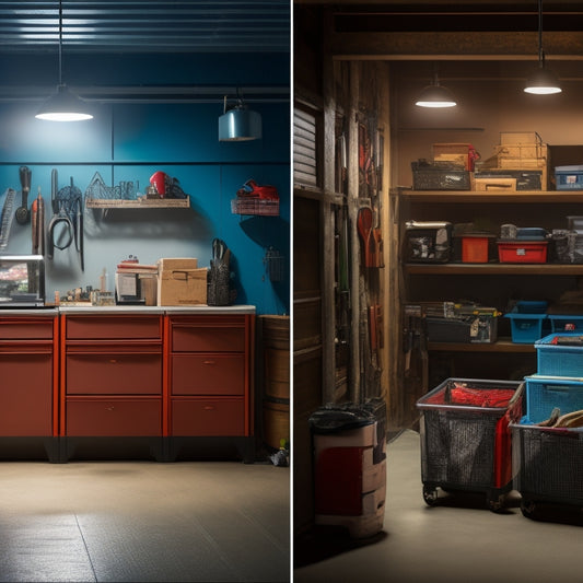 A split-screen image: a cluttered, dimly lit garage with scattered tools and boxes on the left, versus a bright, organized garage with labeled bins and a sleek, custom storage system on the right.