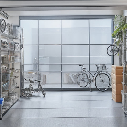 A well-organized garage with a sleek, grey epoxy floor, rows of silver metal shelving units, and a pegboard with hanging bicycles, tools, and baskets, flooded with natural light from a large window.
