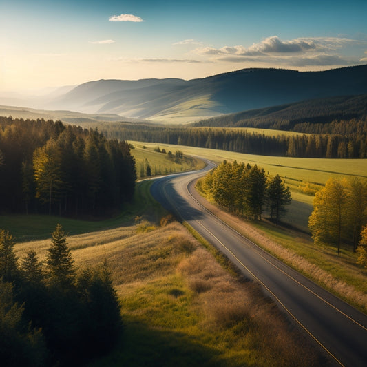A scenic highway stretches into the horizon, flanked by rolling hills and scattered trees, with a Prime Inc tractor-trailer driving towards the distance, symbolizing a journey's beginning.