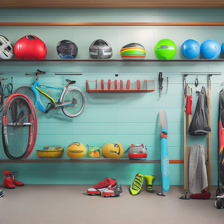 A tidy garage with a slatwall featuring hooks, bins, and baskets, holding organized seasonal sports equipment like bikes, skateboards, soccer balls, and hockey gear, with a few empty spaces for customization.