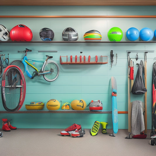 A tidy garage with a slatwall featuring hooks, bins, and baskets, holding organized seasonal sports equipment like bikes, skateboards, soccer balls, and hockey gear, with a few empty spaces for customization.