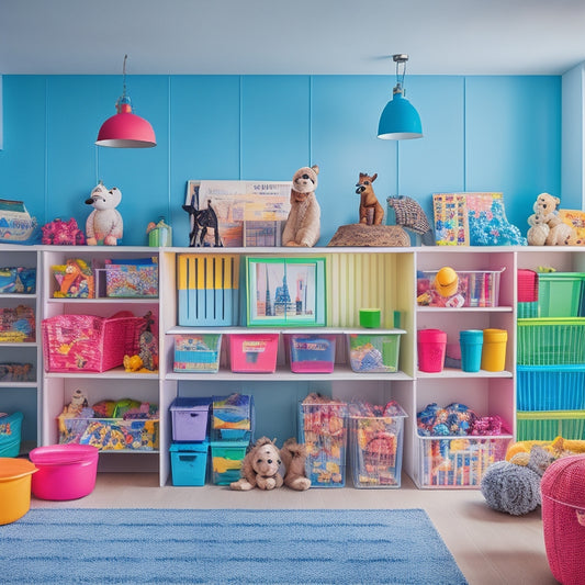 A colorful, organized playroom with stacked, labeled storage bins and shelves, holding an assortment of seasonal toys and games, surrounded by a few stray toys and a faint hint of a summer sunset.