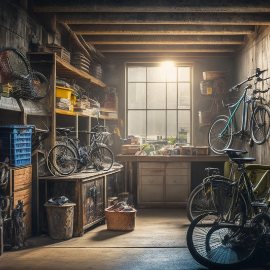 A cluttered garage interior with bikes, tools, and storage bins scattered chaotically, a single ray of light peeking through a grimy window, highlighting a small, organized corner with a few neatly arranged boxes.