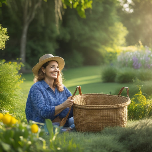 A serene garden scene with a person, relaxed and smiling, surrounded by lush greenery, holding a ergonomic gardening tool, with a garden kneeler and a woven basket in the foreground.