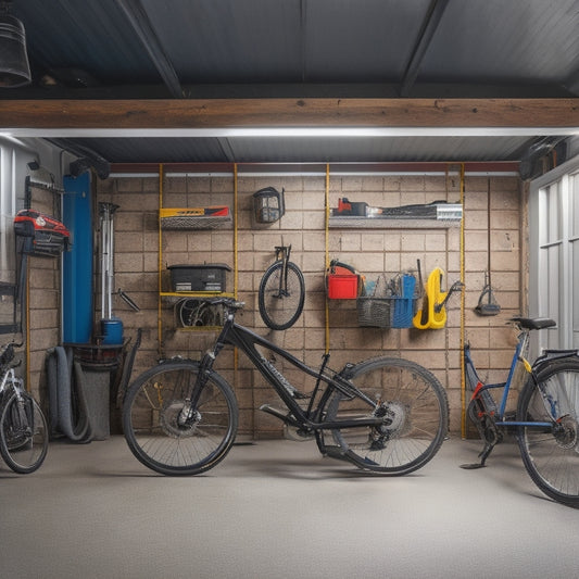A cluttered garage with scattered tools and storage bins, contrasted with a clean and organized space featuring a sturdy overhead garage storage rack with three bikes, two boxes, and a ladder suspended from the ceiling.