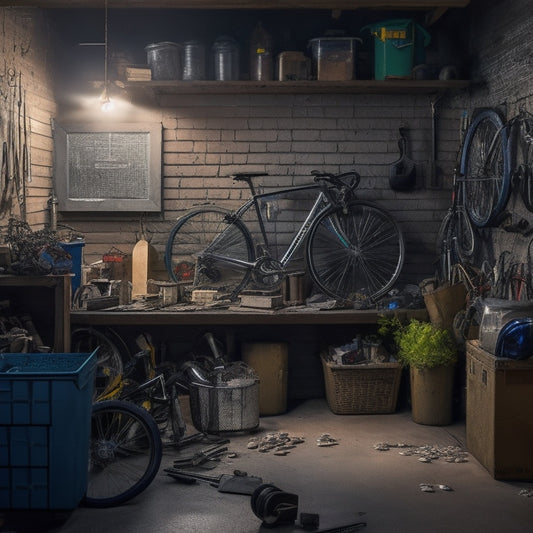 A dimly lit, cluttered garage with scattered small items like nuts, bolts, and screws amidst piles of dusty boxes, tangled cords, and forgotten tools, with a few bicycles and seasonal decorations precariously stacked.