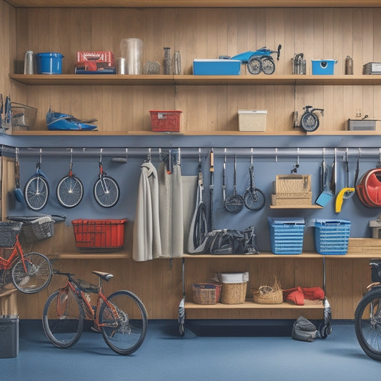 A well-organized garage with a sleek, silver pegboard on one wall, holding various tools and accessories, alongside a row of stacked, wooden crates with labeled bins and a few bicycles suspended from the ceiling.