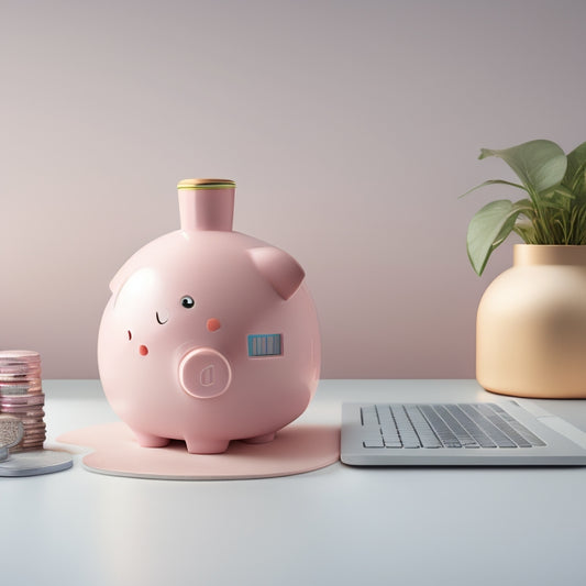 A minimalist illustration featuring a small piggy bank with coins spilling out, surrounded by tiny icons of a house, a plant, a laptop, and a smiling face, all in pastel colors and soft lines.