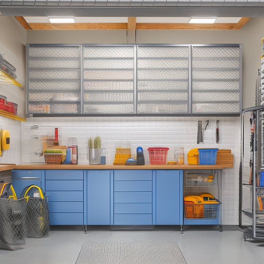 A clutter-free garage interior with sleek, silver cabinets, slatwall panels, and a pegboard, adorned with organized tools and accessories, illuminated by bright overhead lighting.