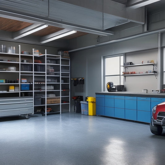 A clean and modern garage interior with sleek shelving, labeled storage bins, and a polished concrete floor, featuring a neatly organized workbench and a parked car with a faintly visible reflection.