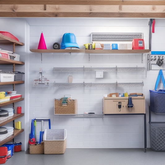 A clutter-free garage with a slatted wall organizer, stacked plastic bins, and a pegboard with hanging tools, illuminated by a single overhead LED light, against a crisp white background.