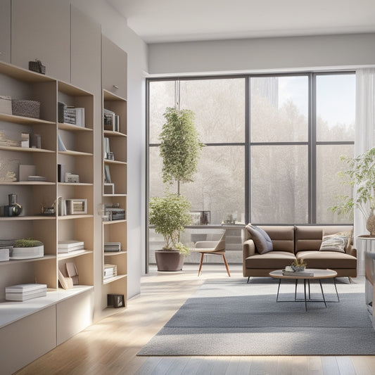 A modern, clutter-free living room with floor-to-ceiling shelves, sleek cabinets, and a minimalist desk, illuminated by natural light pouring in through large windows, with a few carefully placed decorative accents.