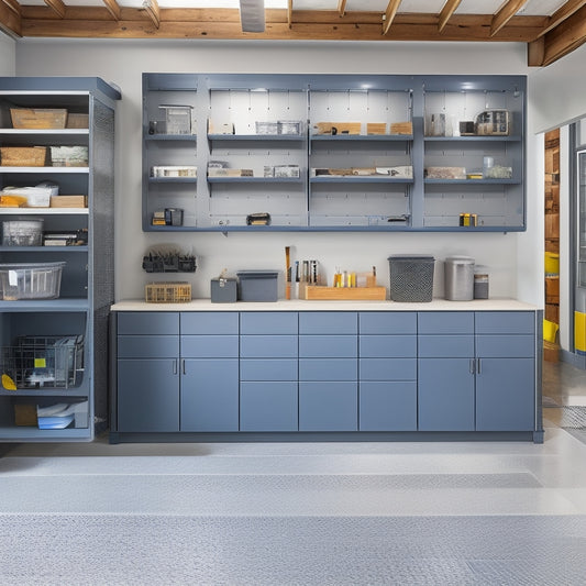 A well-lit, clutter-free garage with a sleek, gray epoxy-coated floor, featuring a pegboard with organized tools, a slatwall with baskets, and a custom cabinetry system with labeled drawers.