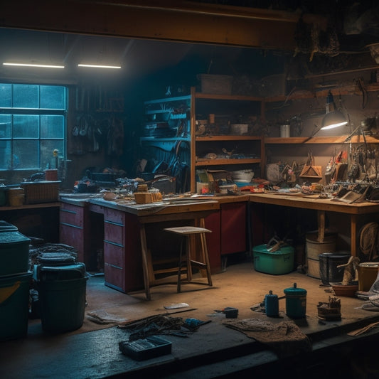 A dimly lit garage with cluttered shelves, scattered tools, and a messy workbench, surrounded by cobwebs, with a single, faint light bulb hanging from the ceiling, casting eerie shadows.