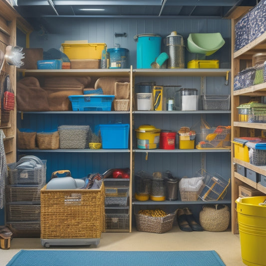 A cluttered garage transforms into an organized space with a variety of storage containers in different shapes, sizes, and materials, such as bins, baskets, and shelves, in a warm and inviting color scheme.
