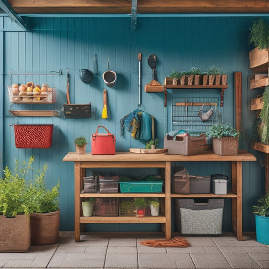 A clutter-free garage with a pegboard wall adorned with hanging baskets, bins, and tools, alongside a DIY slatwall with hooks and a repurposed pallet shelving unit, all in a bright, well-lit space.