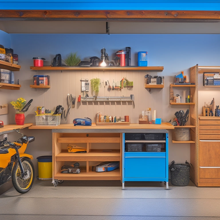 A clutter-free, well-lit tiny garage with a sleek workbench, wall-mounted tool organizers, a compact storage system, and a small, modern worktable with a built-in vice.