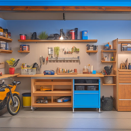 A clutter-free, well-lit tiny garage with a sleek workbench, wall-mounted tool organizers, a compact storage system, and a small, modern worktable with a built-in vice.