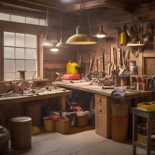 A cluttered woodshop with scattered tools, wooden planks, and sawdust transforms into an organized space with labeled bins, a pegboard, and a tidy workbench, surrounded by a faint halo of light.