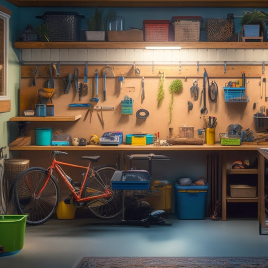 A cluttered garage with scattered tools, bicycles, and storage bins transforms into an organized space with labeled shelves, a pegboard, and a sleek workbench, illuminated by natural light.