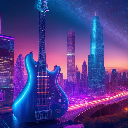 A futuristic, neon-lit sound wave undulates through a cityscape at dusk, with musical notes and treble clefs morphing into skyscrapers, as a comet-like guitar streaks across the sky.