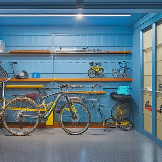 A well-organized garage with a sleek, gray epoxy floor, slatwall panels, and a pegboard adorned with neatly hung tools, bicycles, and storage bins, illuminated by warm, overhead lighting.