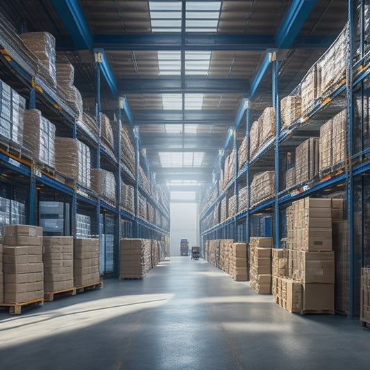 A spacious, well-organized warehouse interior with rows of tall shelving units, forklifts, and pallets stacked with boxes, amidst a subtle background of conveyor belts and soft, natural light filtering through skylights.