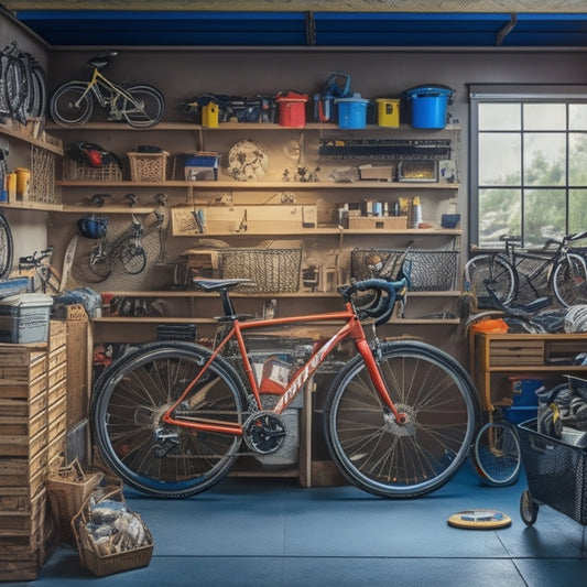 A cluttered small garage with boxes, tools, and bikes scattered everywhere, contrasted with a clean and organized garage in the background, featuring labeled bins, a pegboard, and a neatly parked bicycle.