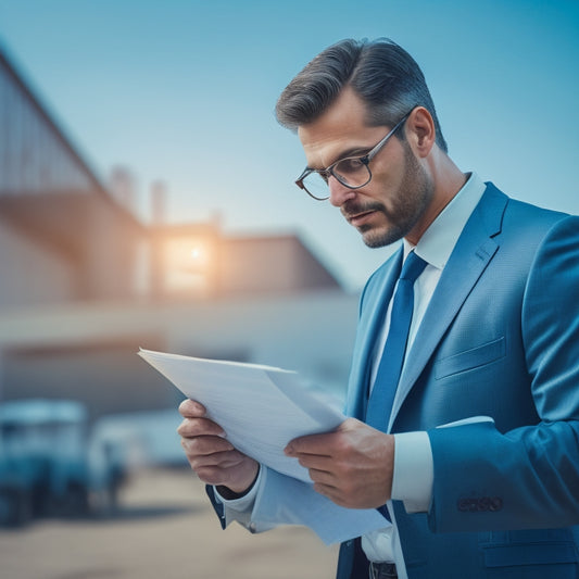 A professional auditor, wearing a suit and holding a clipboard, stands in front of a factory or manufacturing facility with machinery and workers in the background, scrutinizing a document with a magnifying glass.
