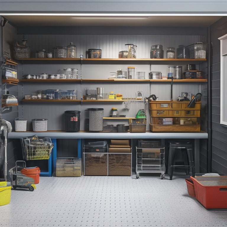 A well-lit, clutter-free garage with a sleek epoxy-coated floor, featuring a pegboard with neatly arranged tools, a slatwall with baskets, and a custom shelving unit with labeled bins.