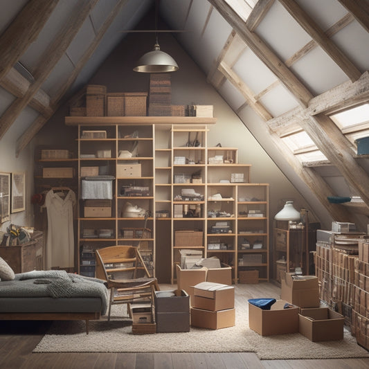 A cluttered room with boxes and furniture piled high, contrasted with a sleek, organized attic space above, complete with labeled storage bins and a ladder leading up to it.