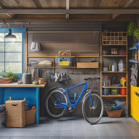 A clutter-free garage with sleek, wall-mounted shelves, colorful bins, and a pegboard adorned with hooks, baskets, and a hammock for storing bikes, balls, and tools, illuminated by a large window.