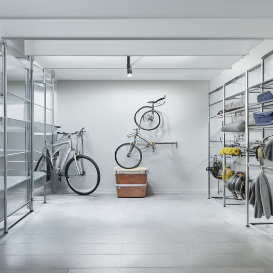 A clutter-free garage with a sleek, silver overhead storage rack suspended from the ceiling, holding neatly arranged bins and bikes, surrounded by a minimalist, light-gray concrete floor and white walls.