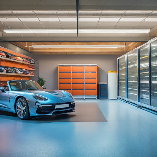 A sleek, modern garage with polished concrete floors, featuring a wall-to-wall storage system with silver metal cabinets, sliding bins, and hooks, surrounded by a few strategically placed luxury cars.