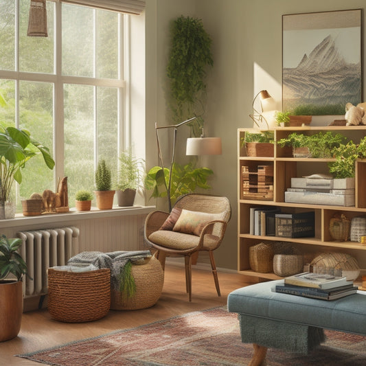 A tidy living room with a Murphy desk, a floating shelf with neatly arranged books, and a woven basket storing throw blankets, surrounded by warm, natural lighting and lush greenery.