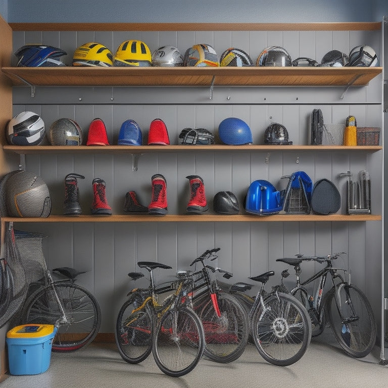 A brightly lit, organized garage with a sleek, silver slatwall featuring hooks, bins, and shelves holding various sports equipment, including bikes, balls, bats, and helmets, in a tidy, color-coded arrangement.