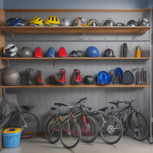 A brightly lit, organized garage with a sleek, silver slatwall featuring hooks, bins, and shelves holding various sports equipment, including bikes, balls, bats, and helmets, in a tidy, color-coded arrangement.