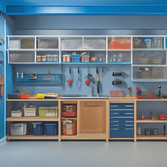 A well-organized garage with a slatted wall system, holding various bins and baskets, a pegboard with hooks, and a sleek workbench with built-in cabinets and a stainless steel countertop.