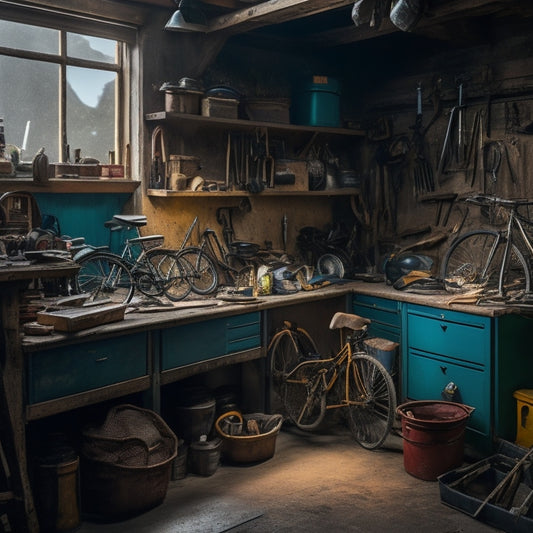 A cluttered garage interior with dim lighting, dusty shelves, and a messy workbench, surrounded by scattered tools, rusty bicycles, and old boxes, with a single, open door leading to a bright, organized exterior.