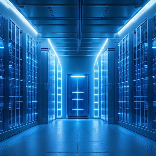 A futuristic, high-tech storage facility with sleek, silver shelves and cabinets, illuminated by neon blue lights, surrounded by robotic arms and drones, amidst a dark, metallic background.