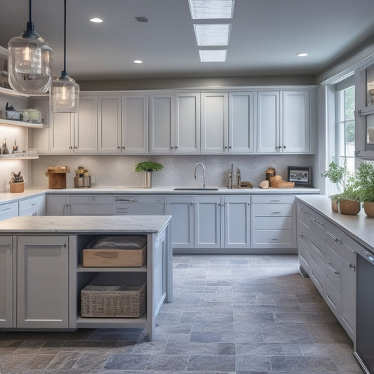 A well-lit, modern workshop with custom-built cabinets in a soothing gray and white color scheme, featuring slide-out drawers, adjustable shelves, and a sleek countertop with built-in power outlets.