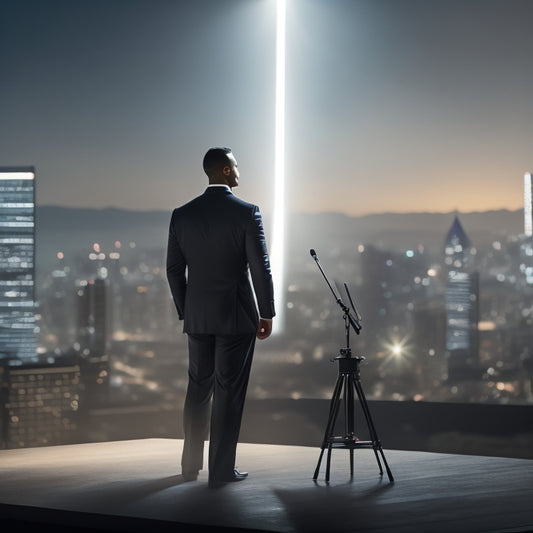 A spotlight shines on a confident speaker standing at a sleek, modern podium, with a subtle cityscape background, conveying expertise and authority in a webinar setting.