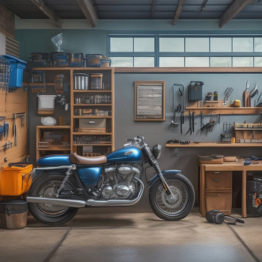 A tidy, well-lit garage with a organized workbench, labeled storage bins, a pegboard with hanging tools, and a sleek, silver motorcycle parked in the center, surrounded by a few scattered tools.