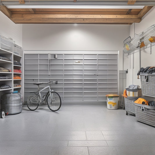 A clutter-free garage with a sleek, silver slatwall, adorned with neatly organized bins, hooks, and baskets in various shapes and sizes, surrounded by a polished concrete floor and warm, ambient lighting.