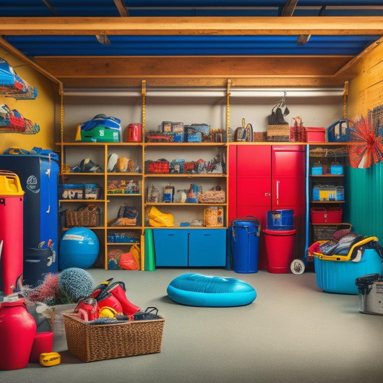 A cluttered garage with seasonal items like inflatables, patio furniture, and winter sports equipment scattered around, contrasted with a clean and organized garage with labeled bins and a dedicated space for each season.