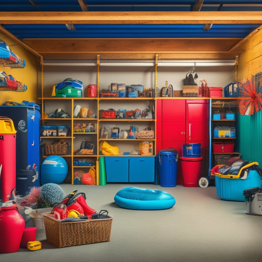 A cluttered garage with seasonal items like inflatables, patio furniture, and winter sports equipment scattered around, contrasted with a clean and organized garage with labeled bins and a dedicated space for each season.